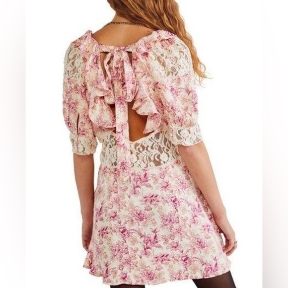 FREE PEOPLE Lucie Mini in Pink Combo Tie Back Dress w/ Lace - Picture 9 of 11